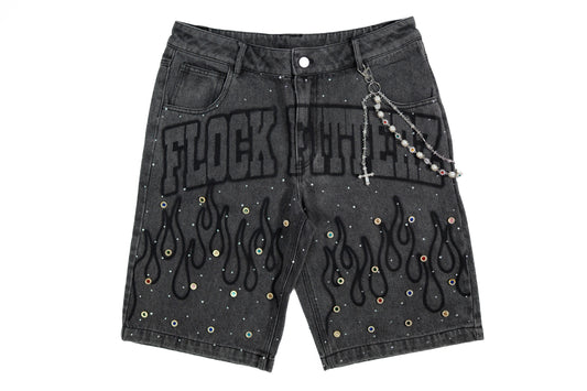 FF Rhinestone Jorts - Black Denim